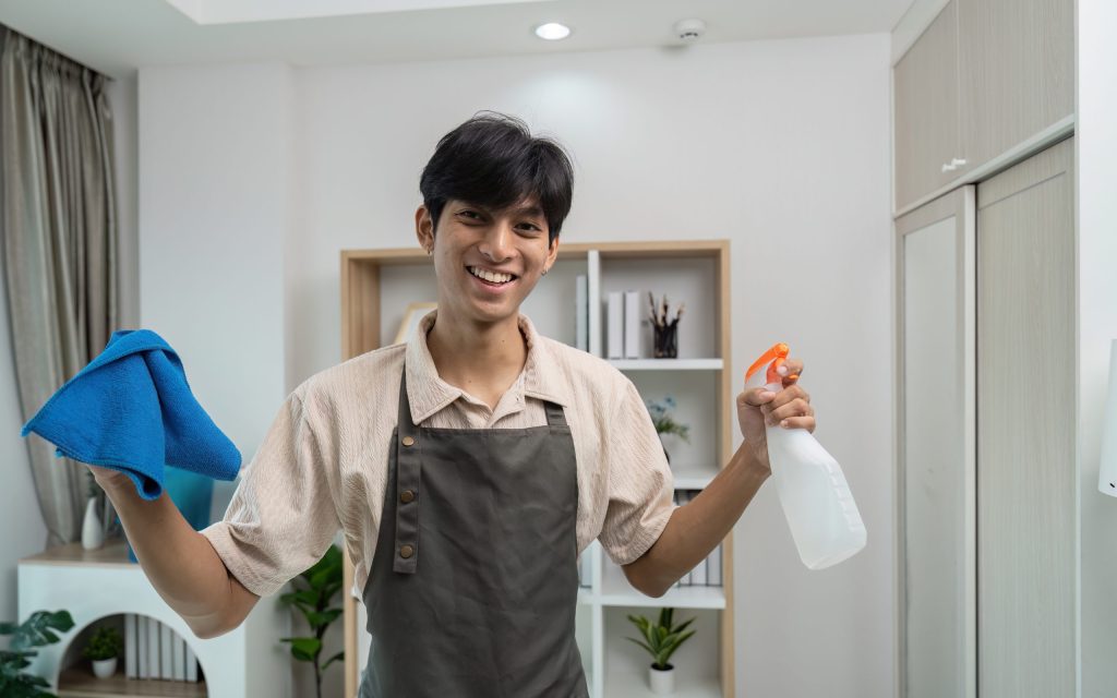 Smiling housekeeper in apron holding cleaning supplies, ready to tidy up a modern home interior.